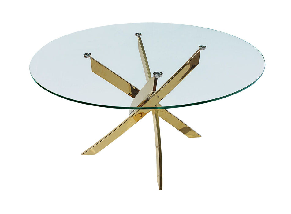 54" Glass And Metal Cross Leg Base Round Top Dining Table - Clear / Gold