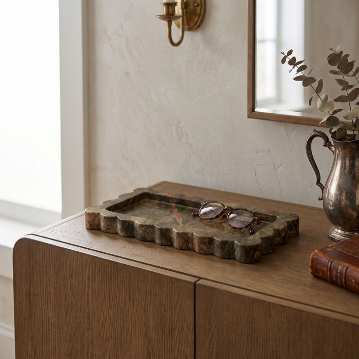 Elegant marble tray from Meridian Furniture featuring a smooth, polished surface with rounded edges, ideal for home decor or serving.