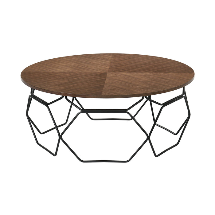 36" Solid Wood And Metal Round Coffee Table - Brown And Black