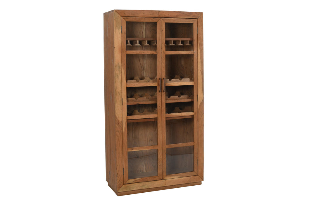 HomeRoots 42-inch solid wood and glass wine cabinet with four shelves, brown finish, ideal for stylish wine storage.