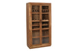 HomeRoots 42-inch solid wood and glass wine cabinet with four shelves, brown finish, ideal for stylish wine storage.