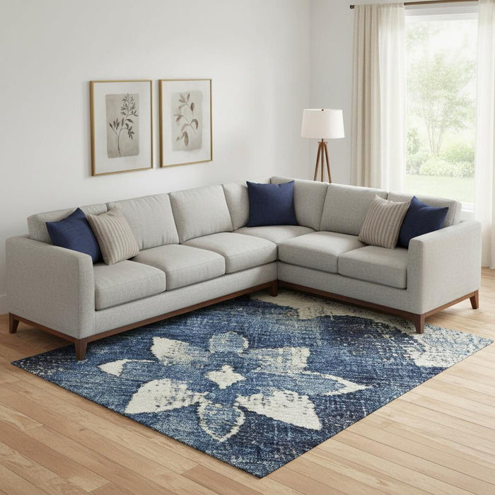 10' X 14' Floral Washable Area Rug With UV Protection (701605) - Navy Blue / Ivory