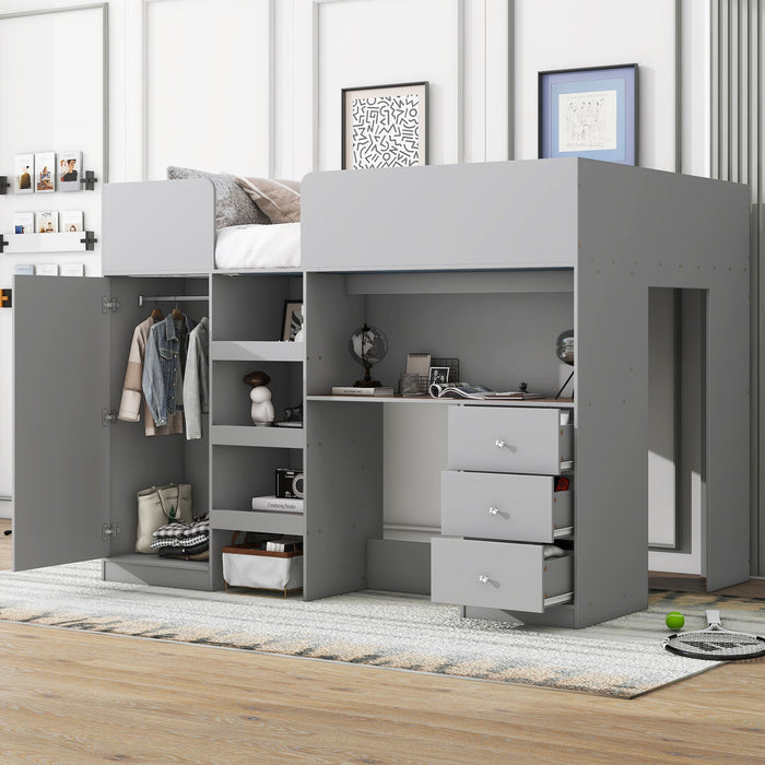 Giga loft bed with integrated wardrobe, desk, shelves, and drawers, featuring a modern wooden design and multi-functional storage.
