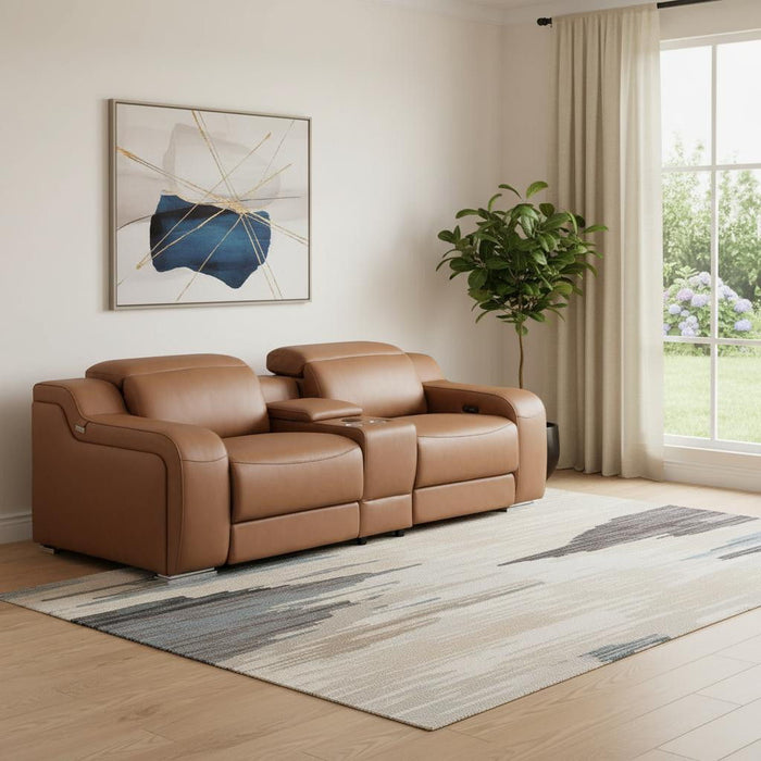 Italian Leather Power Reclining Loveseat With Storage (633752) - Cognac / Silver