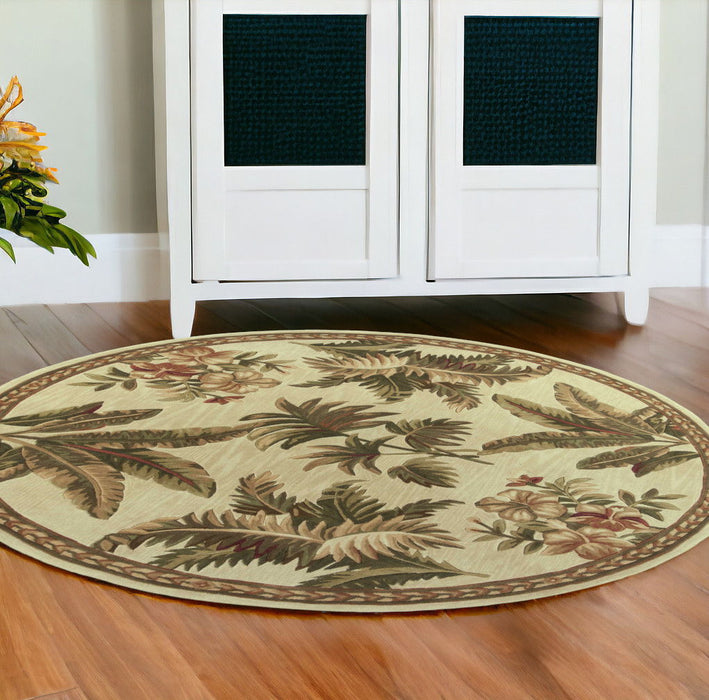8' Hand Tufted Bordered Tropical Plants Round Indoor Area Rug - Ivory