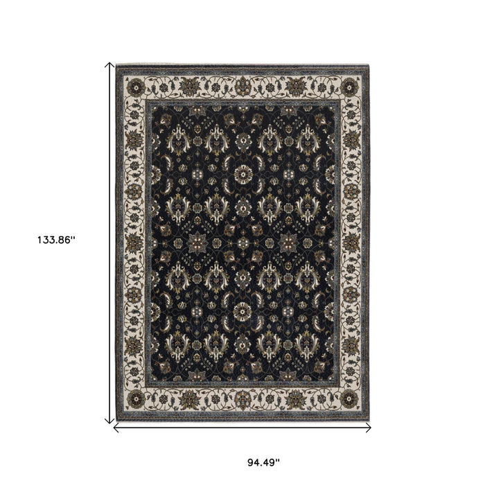 8' X 11' Oriental Area Rug With Fringe - Blue And Ivory
