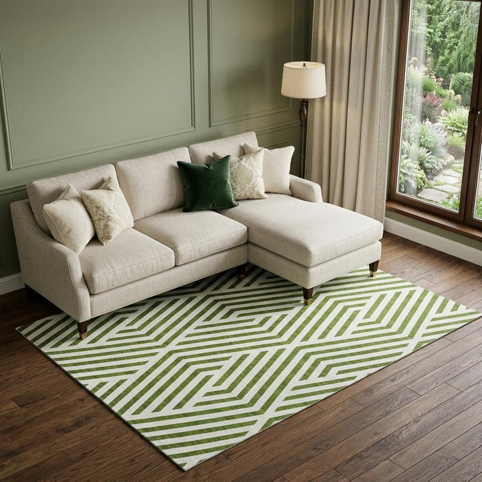 8' X 10' Geometric Washable Area Rug With UV Protection (648572) - Olive Green / Ivory