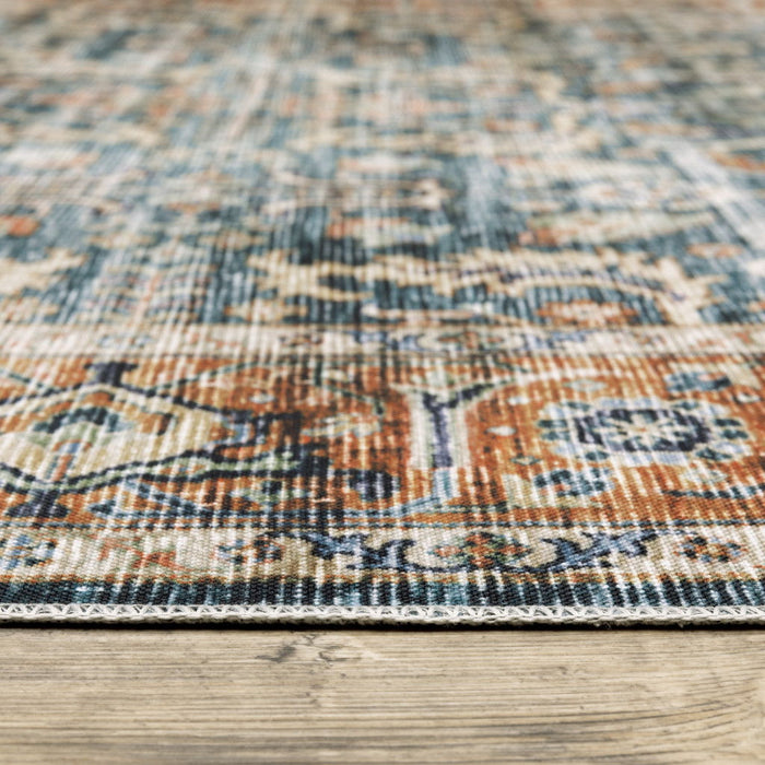 7' x 10' Oriental Printed Stain Resistant Non Skid Area Rug - Blue Rust Gold And Olive