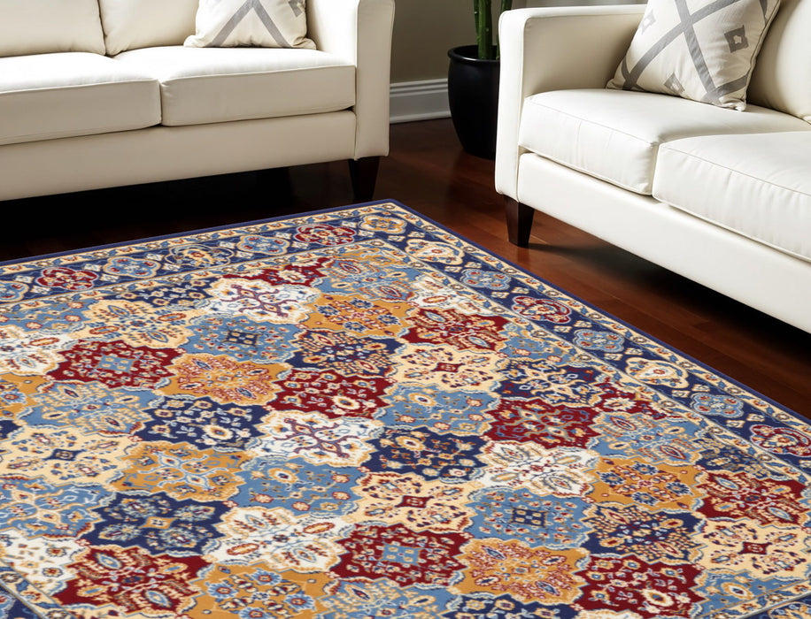9' X 12' Floral Distressed Non Skid Area Rug - Ivory And Blue
