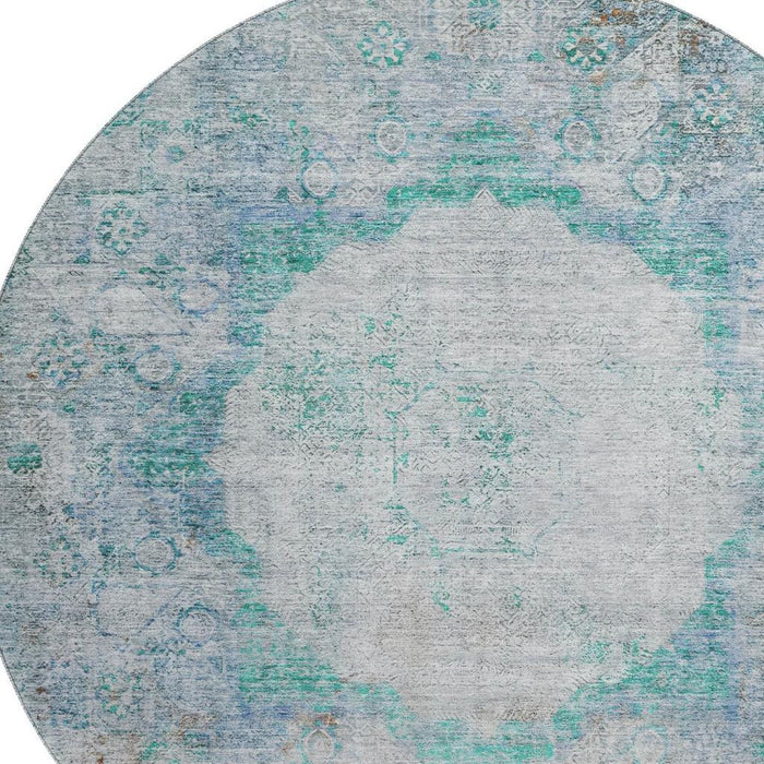 8' Oriental Washable Round Rug With UV Protection (655719) - Teal / Gray