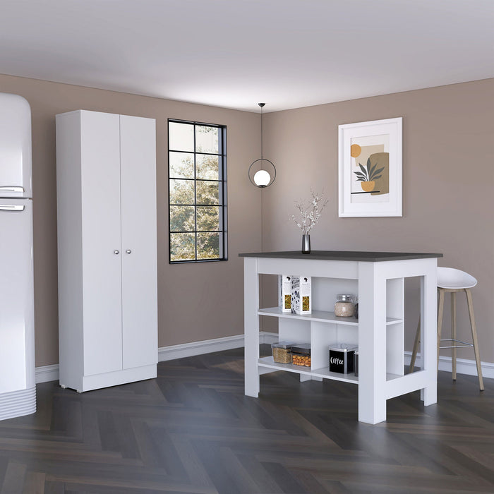 Dark Wood Flat Door Kitchen Island Set With Storage - Gray / White