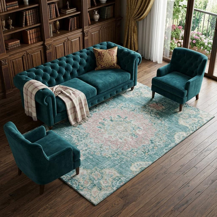 10' X 14' Floral Washable Area Rug With UV Protection (692250) - Teal / Blush / Ivory