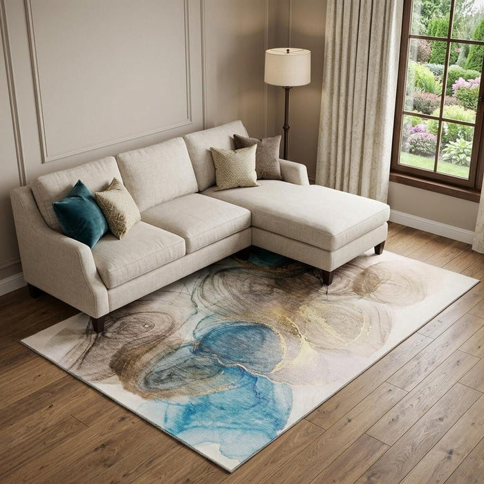 10' X 14' Abstract Washable Area Rug With UV Protection (647020) - Beige / Ivory / Blue