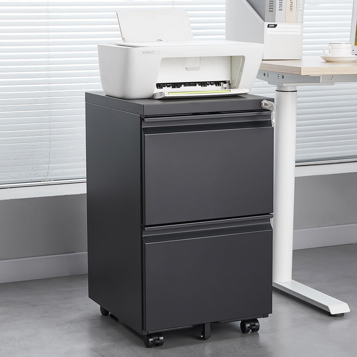 Giga metal 2-drawer locking filing cabinet with wheels, under desk mobile storage fits letter, legal, and A4 files for home office.