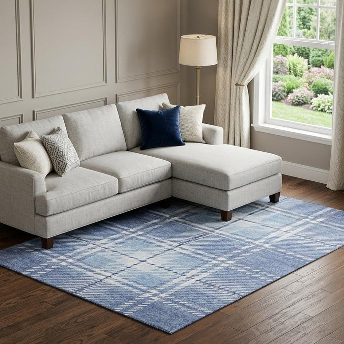 10' X 14' Plaid Washable Area Rug With UV Protection (674311) - Denim Blue / Ivory