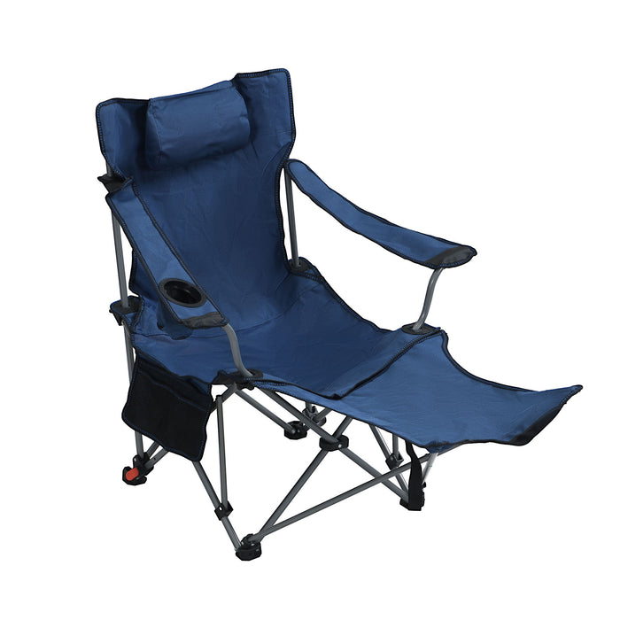 Dark blue Giga outdoor camping arm chair with 3-level reclining, side pockets, cup holder, and foldable carry bag.