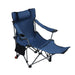 Dark blue Giga outdoor camping arm chair with 3-level reclining, side pockets, cup holder, and foldable carry bag.