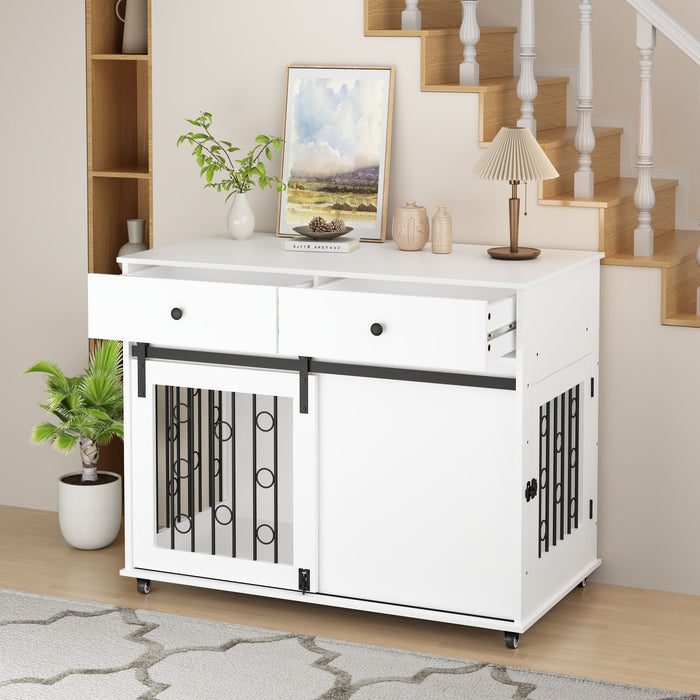 Giga white dog crate furniture with double drawers and sliding barn door, suitable for small to medium dogs, stylish pet kennel.