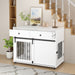 Giga white dog crate furniture with double drawers and sliding barn door, suitable for small to medium dogs, stylish pet kennel.