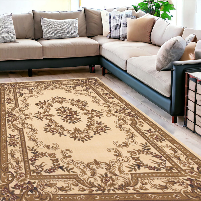 8' x 11' Machine Woven Hand Carved Floral Medallion Indoor Area Rug - Ivory