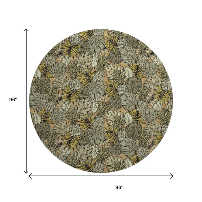 8' Tropical Botanical Distressed Washable Round Rug With UV Protection (646370) - Khaki / Gray / Yellow