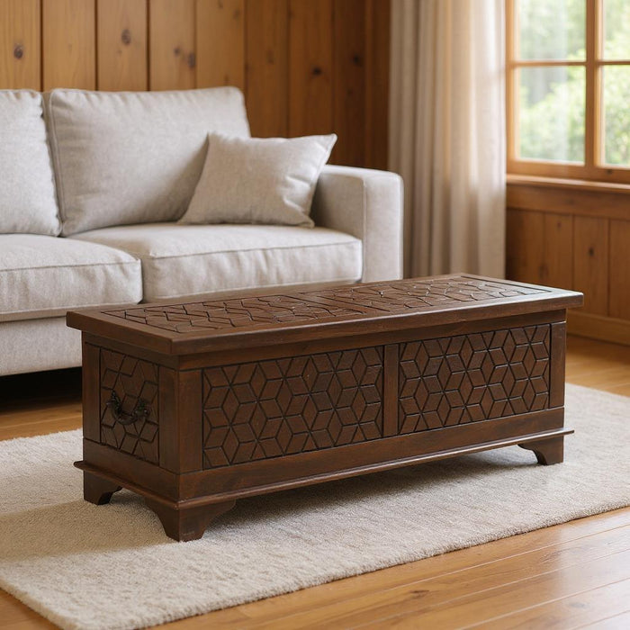 52" Solid Wood Geometric Storage Ottoman - Brown