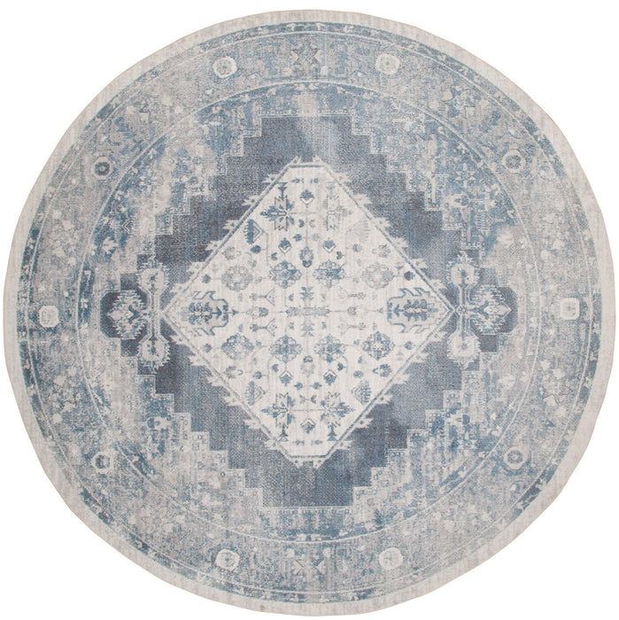 4' Oriental Distressed Round Rug (573775) - Charcoal / Blue / Ivory