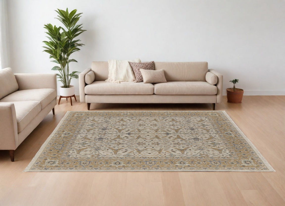 6' x 9' Wool Oriental Hand Knotted Area Rug With Fringe - Ivory Gray And Tan
