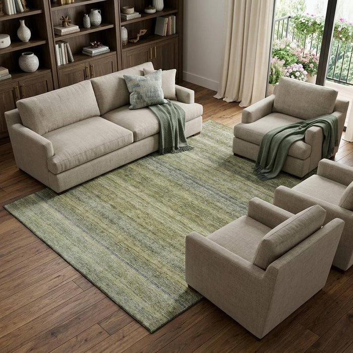 10' X 14' Striped Washable Area Rug With UV Protection (688039) - Artichoke Green / Gray / Beige