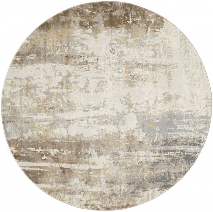 8' Round Abstract Area Rug - Tan Ivory And Gray