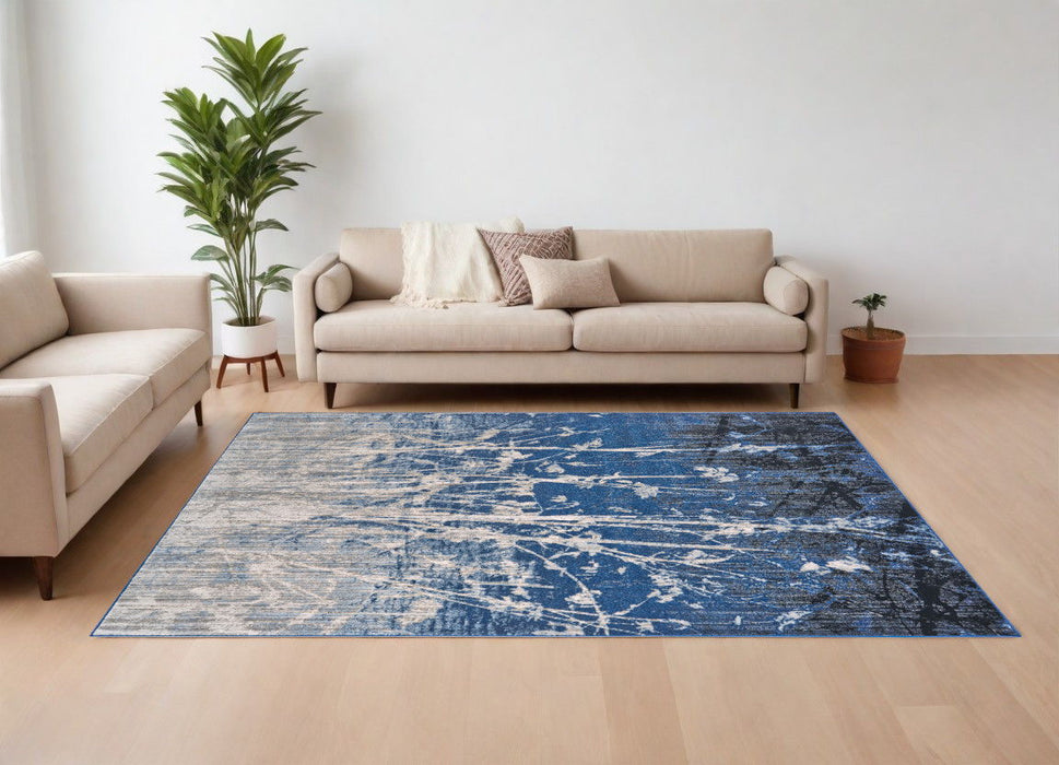 10' x 14' Abstract Power Loom Worn Faded Area Rug - Gray Black And Blue
