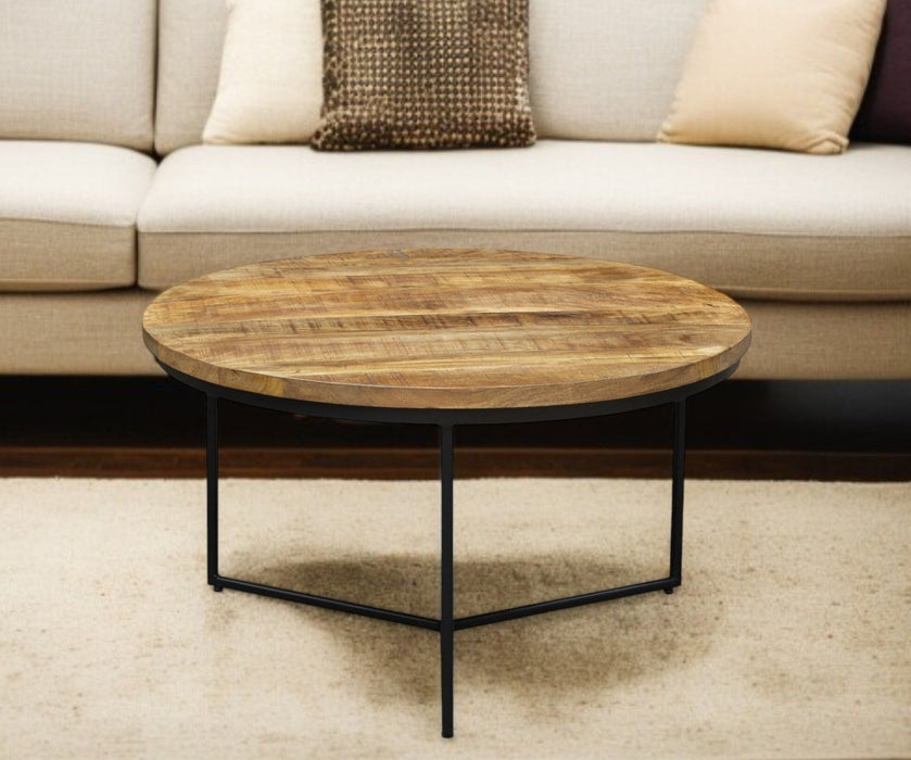 32" Solid Wood And Iron Round Distressed Cross Legs Coffee Table - Black And Natural