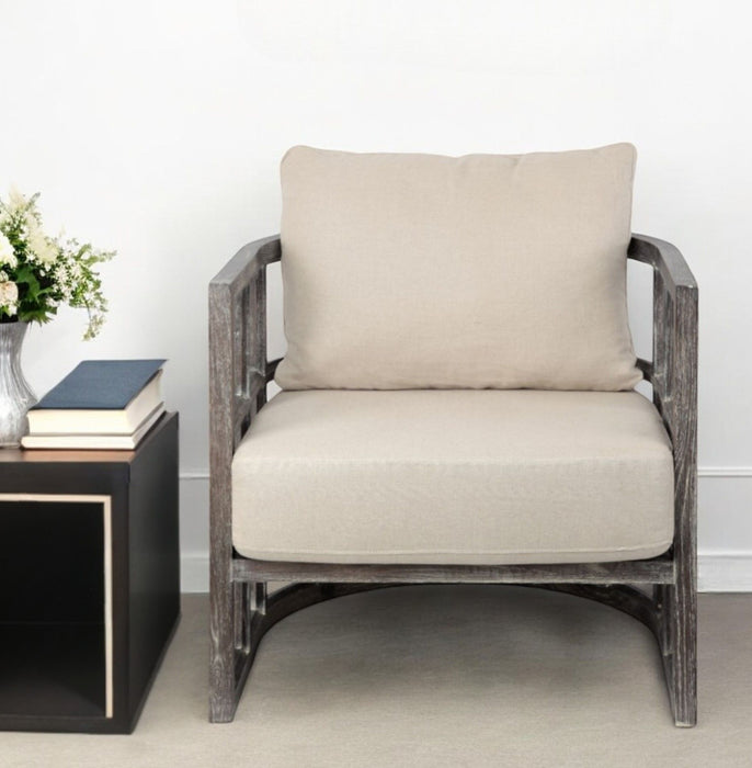 Fabric Distressed Barrel Chair - Cream / Brown
