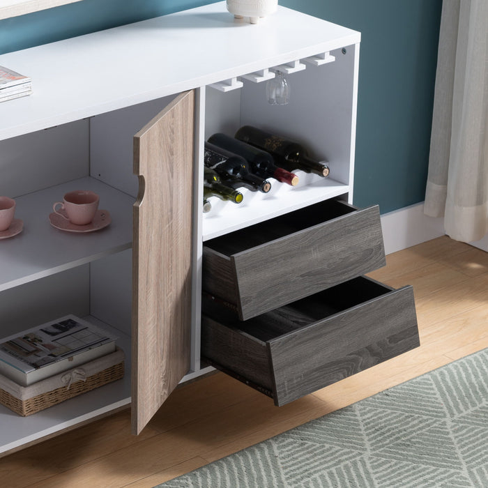 Giga wooden wine cabinet with drawer and display rack holding six wine glasses in white and dark taupe finish.