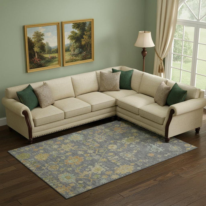 10' X 14' Floral Washable Area Rug With UV Protection (708421) - Gray / Gold / Blue