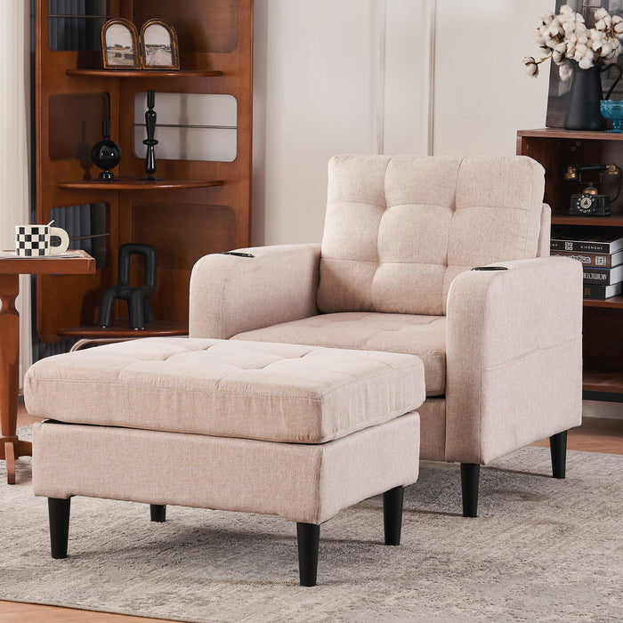 Giga upholstered armchair and storage ottoman set with tufted detailing, cup holders, and comfortable design for living room or bedroom.