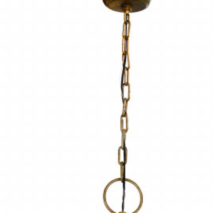 Gold metal chandelier with twelve candle-style lights and shades, designed by HomeRoots, hanging with decorative details.
