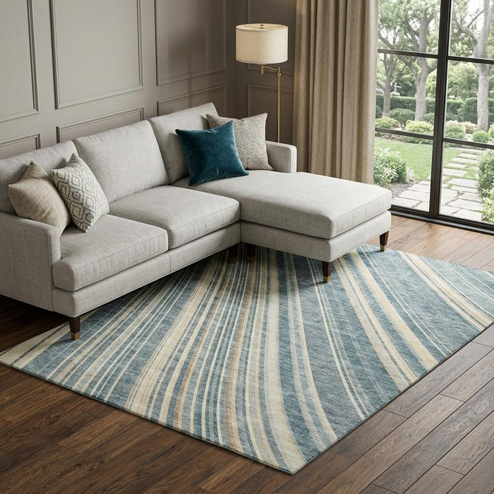10' X 14' Striped Washable Area Rug With UV Protection (677507) - Sky Blue / Tan / Beige