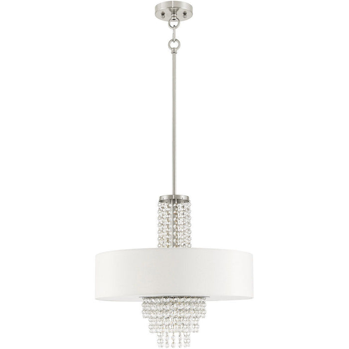 Four-light metal chandelier with shades in nickel finish, featuring clear and off-white glass, designed by HomeRoots.