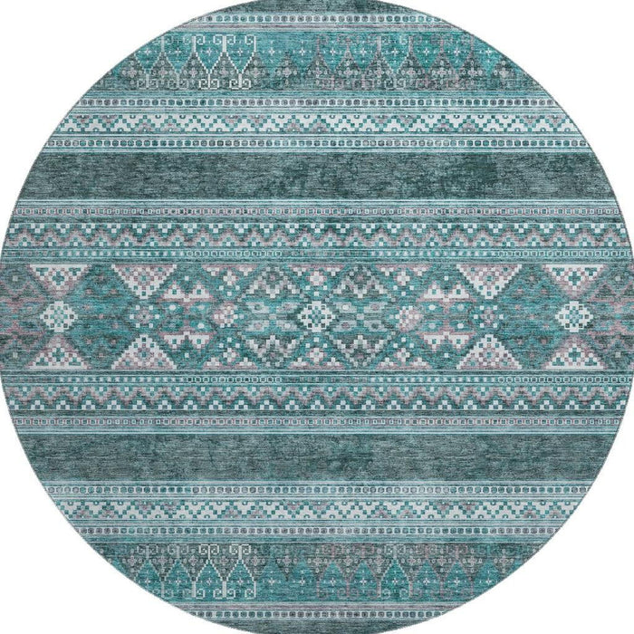 8' Southwestern Washable Round Rug With UV Protection (657458) - Teal / Ivory