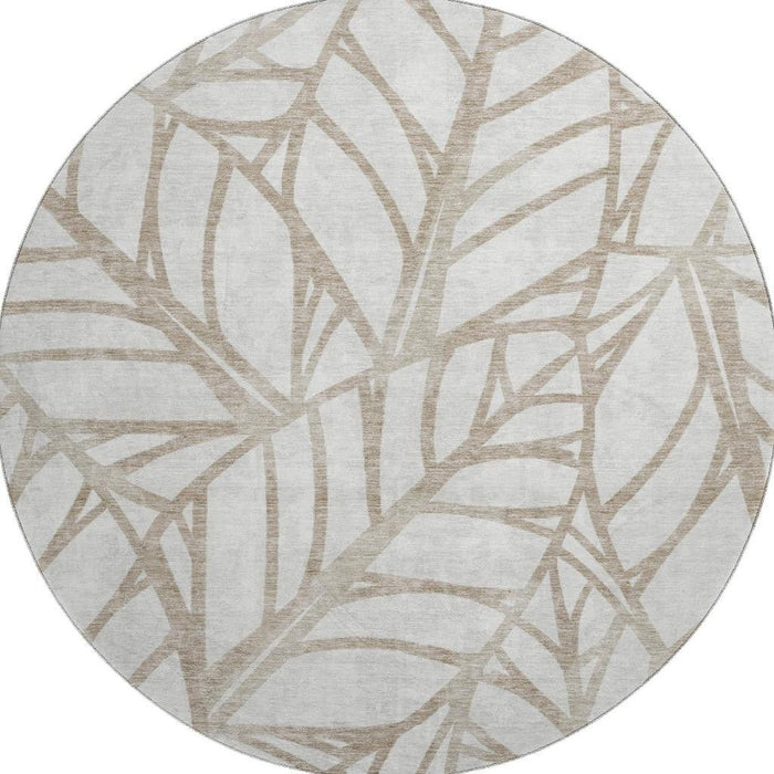 8' Floral Washable Round Rug With UV Protection - Beige And Brown