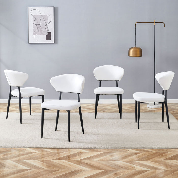 Set of four Giga minimalist ergonomic dining chairs with curved backs, modern design, and sleek wooden legs.
