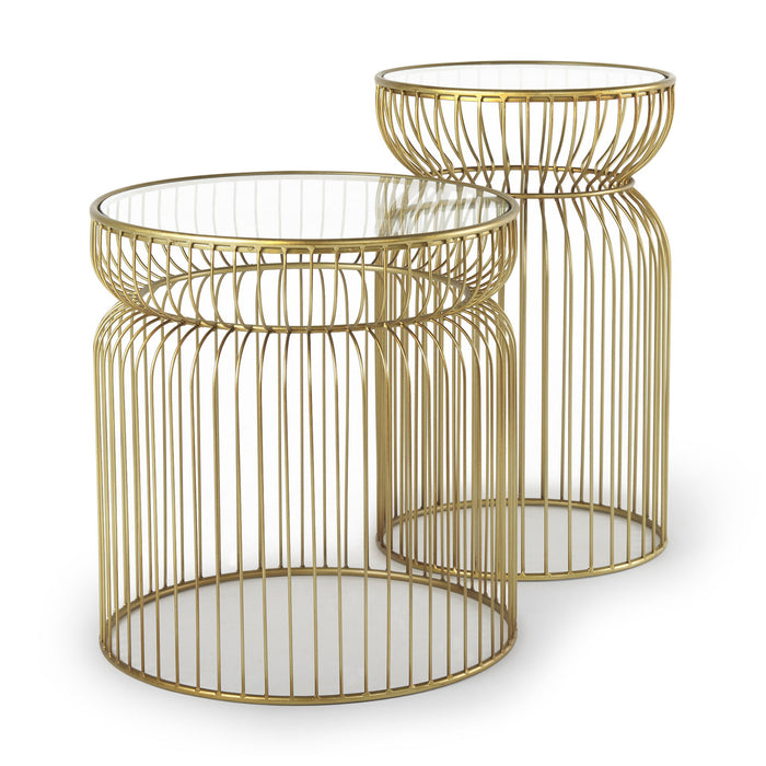 Tempered Glass Metal Wire Round Drum End Tables (Set of 2) - Clear / Gold