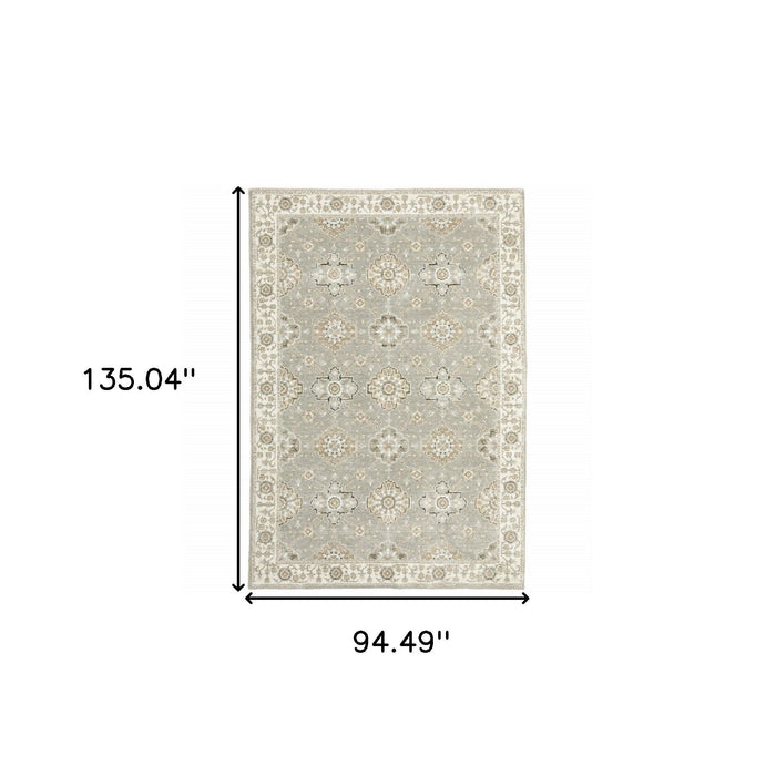 7.9' x 11.3' Oriental Power Loom Area Rug - Gray And Ivory
