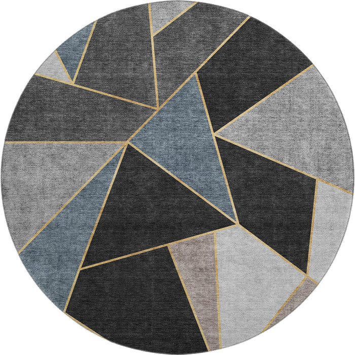 8' Geometric Washable Round Rug With UV Protection (653293) - Blue / Charcoal / Ivory