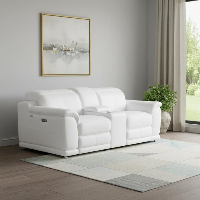 Italian Leather Power Reclining Loveseat With Storage (720575) - White / Silver