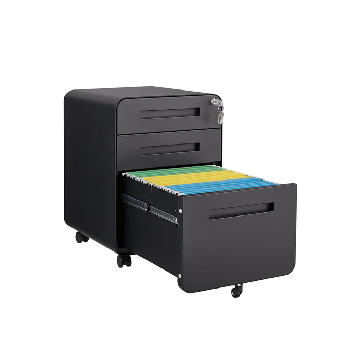 Giga 3-drawer mobile filing cabinet with five wheels, steel construction, waterproof design, suitable for legal, letter, and A4 files.