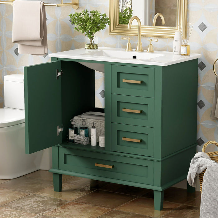 Modern Giga bathroom vanity with sink, solid wood frame, soft-closing door, and three drawers for stylish bathroom storage.