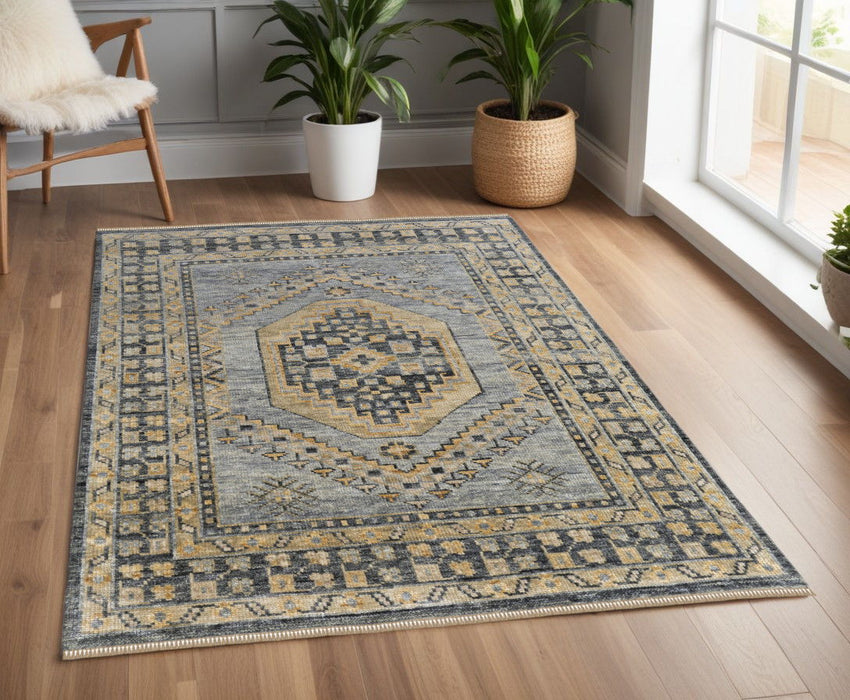 4' x 6' Wool Oriental Hand Knotted Area Rug With Fringe - Blue Gray And Tan