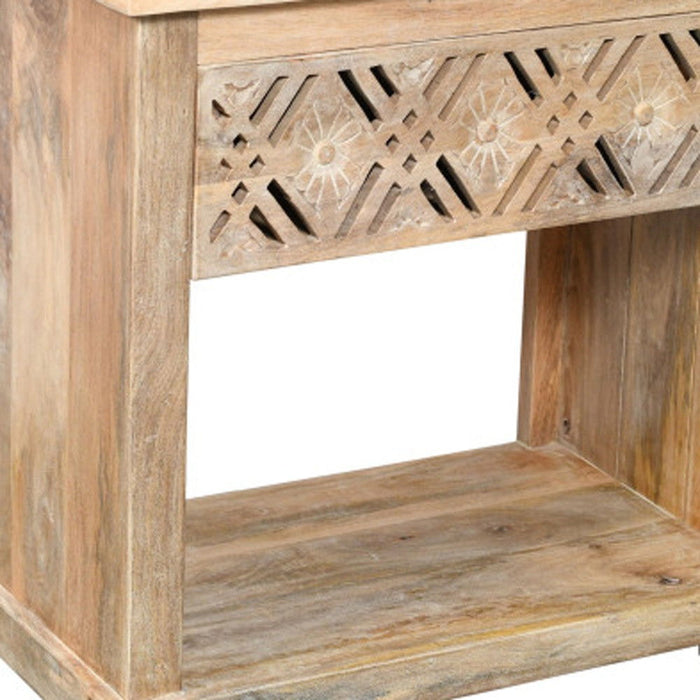 28" Solid Wood Carved Geometric One Drawer Nightstand - Natural